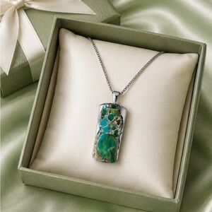 Imperial Jasper Pendant Necklace Stainless Steel Handmade Statement Jewelry